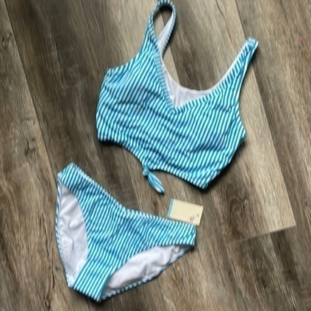 NWT So swimsuit, two piece, teal and white striped size, large sunshine swim